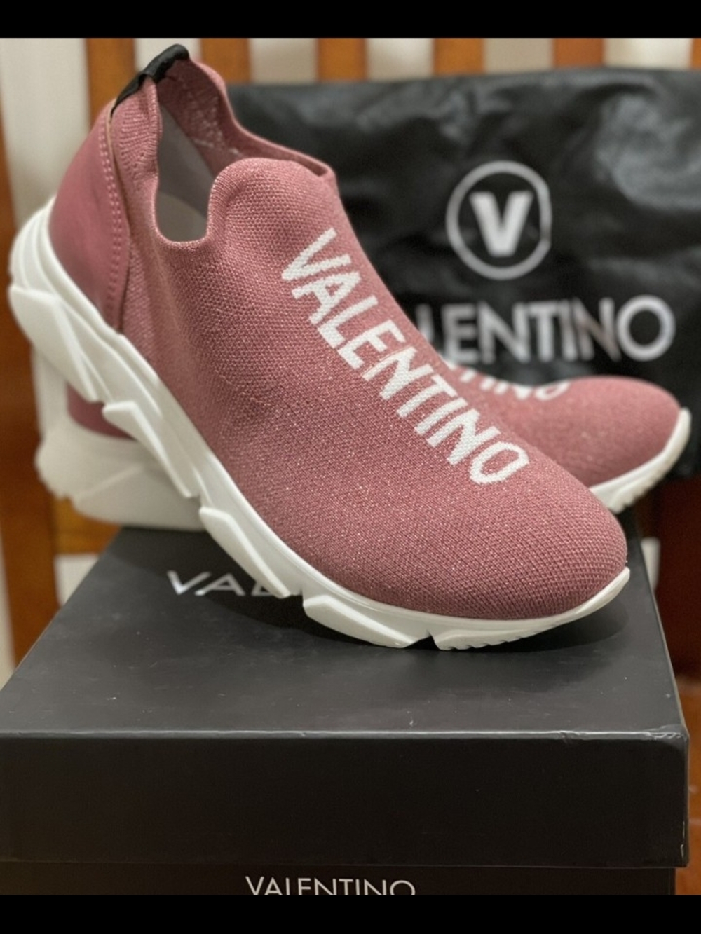 Valentino Women’s Slip-On Knit Sneakers in Dusty Rose and White